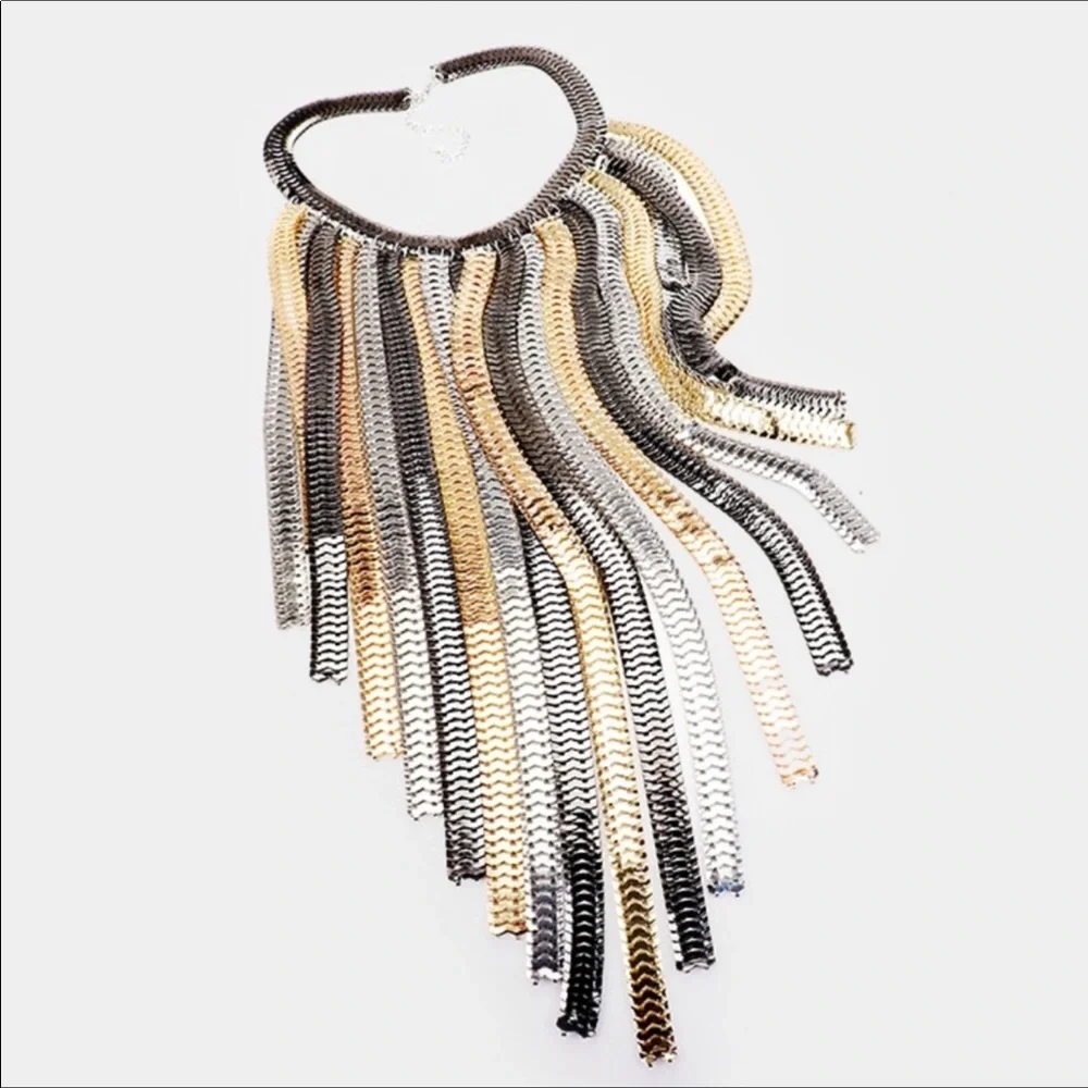 Silver Gold and Gunmetal Long Fringe Metal Statement Body Chain Necklace